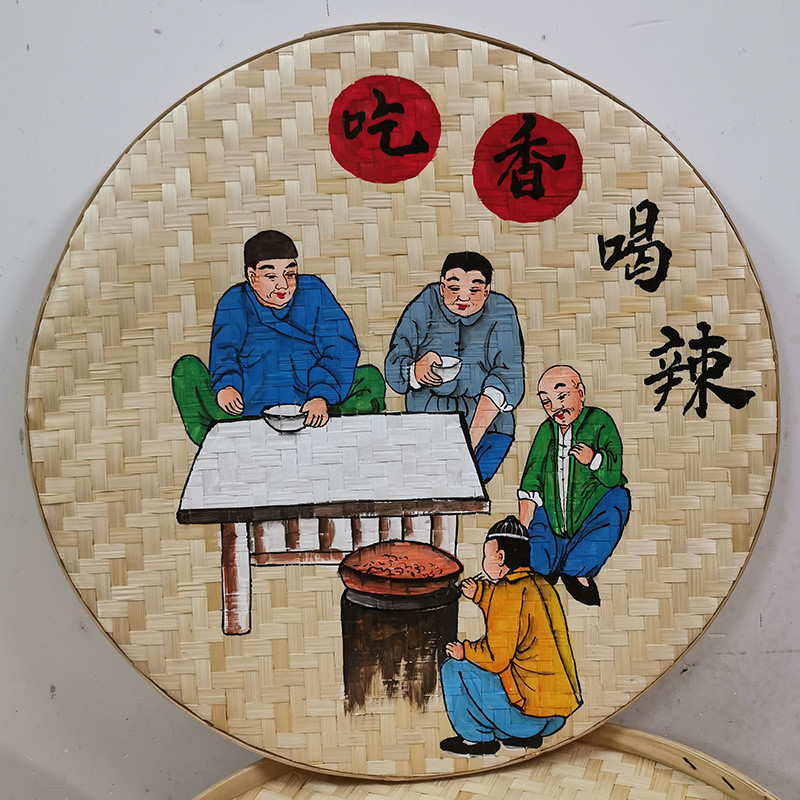 手绘竹编画簸箕画幼儿园画餐厅挂画田园火锅农家乐挂墙手绘手工