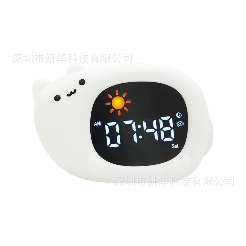 新款小猫硅胶闹钟儿童日出唤醒睡眠训练小夜灯lcd数字闹钟