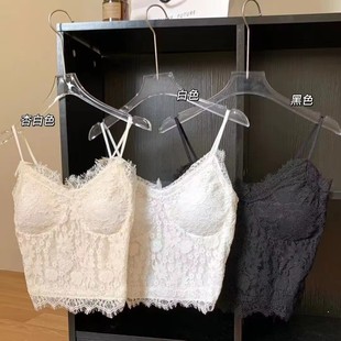 名媛抹胸蕾丝花边吊带背心带胸垫甜辣百搭蕾丝v领法式美背打底衫
