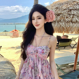 法式 直销度假风仙女雪纺碎花吊带连衣裙夏季 气质超仙不规则海边沙
