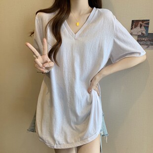 中长款 新品 女夏季 大码 胖mm遮肚子上衣 白色v领微胖显瘦正肩t恤短袖