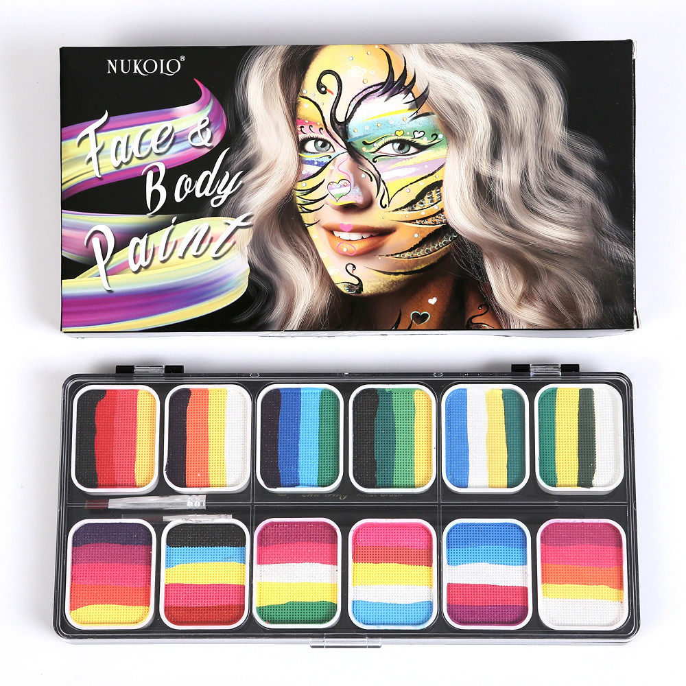 努咔俪12色彩虹条容人体彩绘颜料可水洗舞台妆调色盘身体彩绘