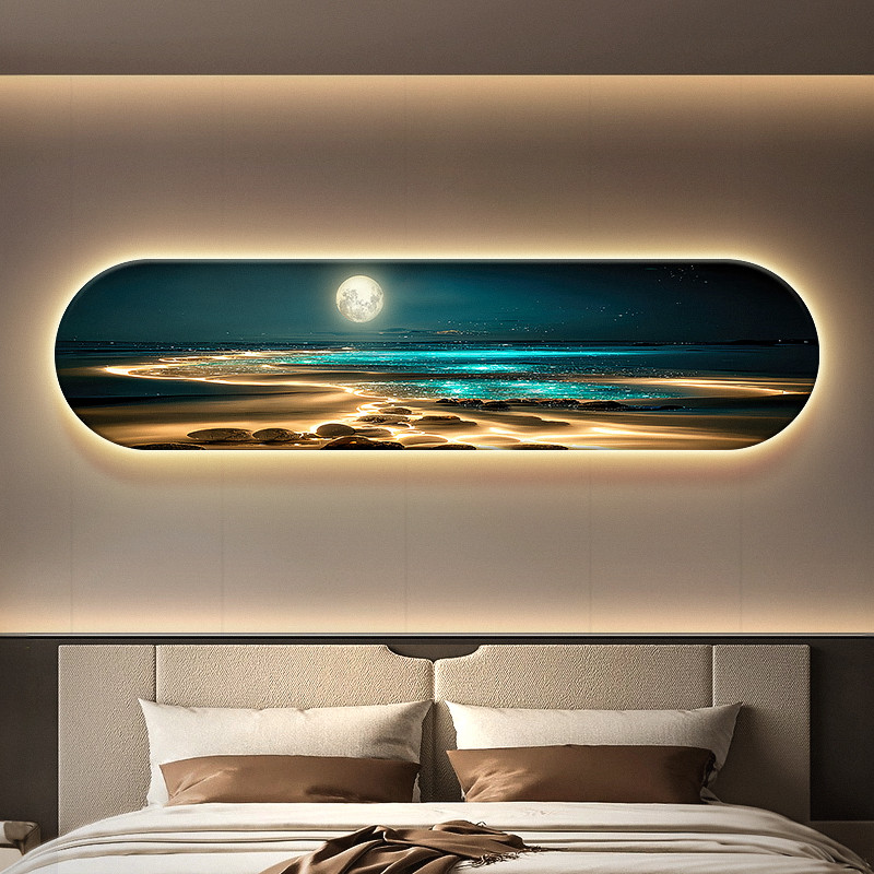 海浪景卧室背景墙装饰画北欧主人房间带灯挂画月球床头椭圆形壁画图片