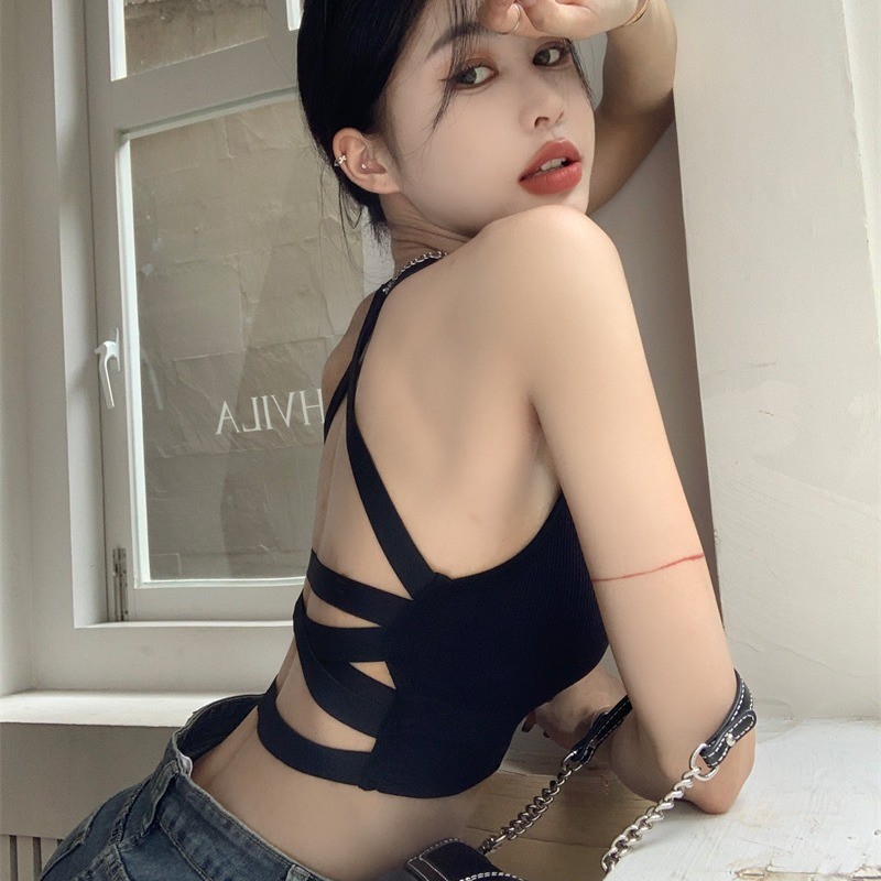 质量版辣妹大码性感美背交叉吊带背心女带胸垫聚拢打底夏外穿抹胸