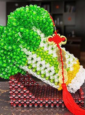 手工串珠玉白菜成品摆件酒柜客厅玄关创意中国结五帝钱居家饰品