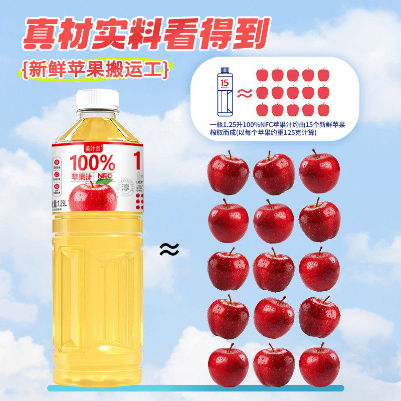 新货NFC100%苹果汁酸甜解渴0脂肪饮品饮料整箱1.25升华家庭大瓶装