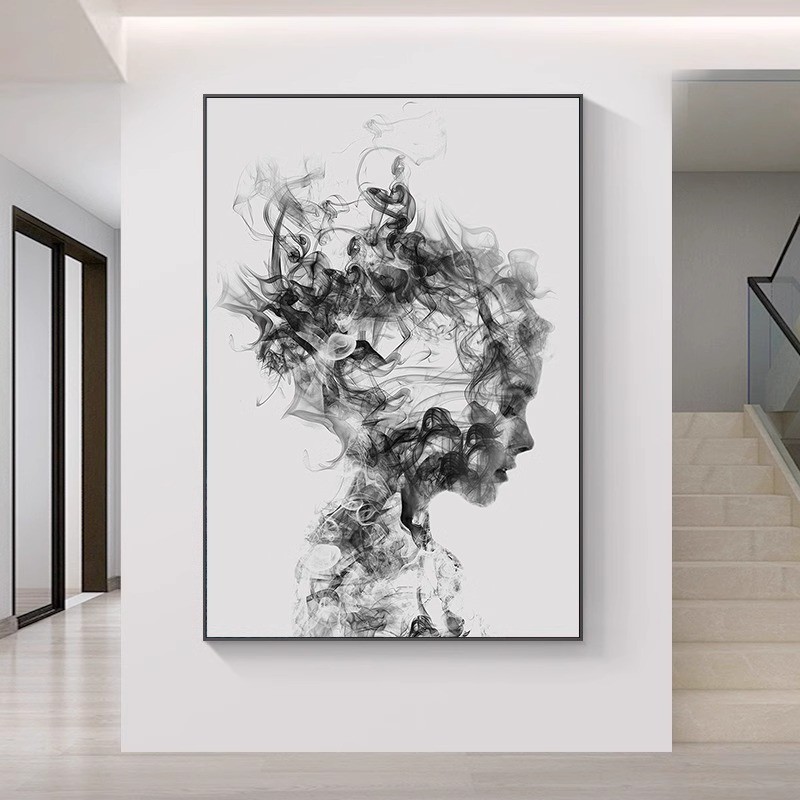 黑白灰创意艺术理发店发廊挂画网红抽象人物墙面壁画美发店装饰画
