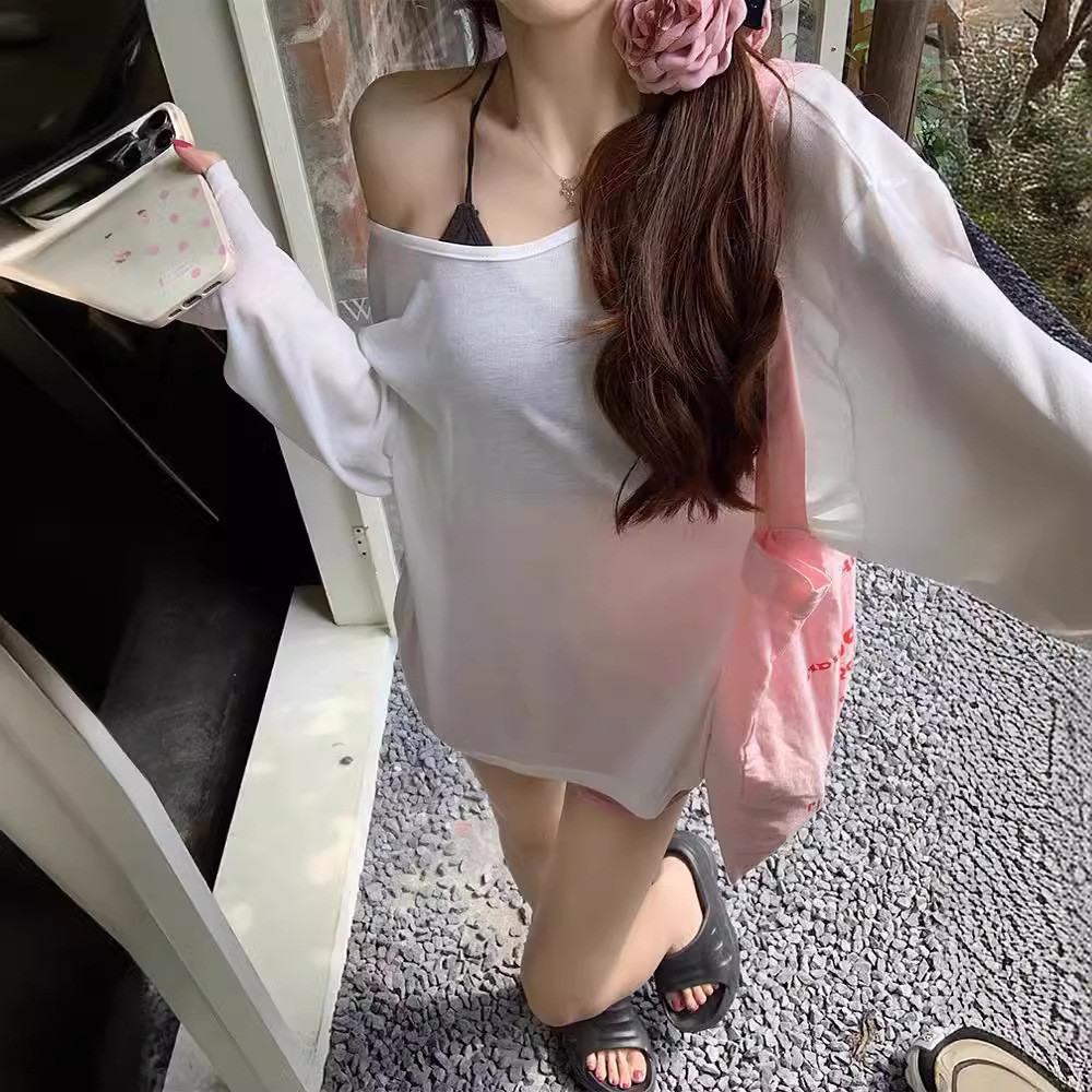 慵懒风镂空露背纯色防晒T恤女2025夏季新款宽松休闲薄款罩衫上衣