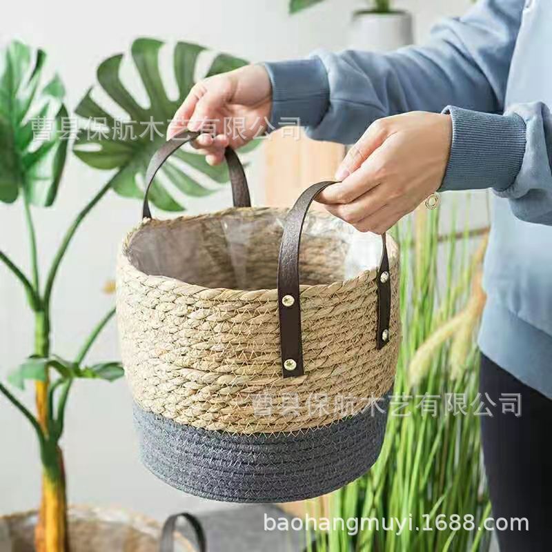 草编手柄花盆较大植物篮子花盆套蒲草海草麻绳编织批发藤编