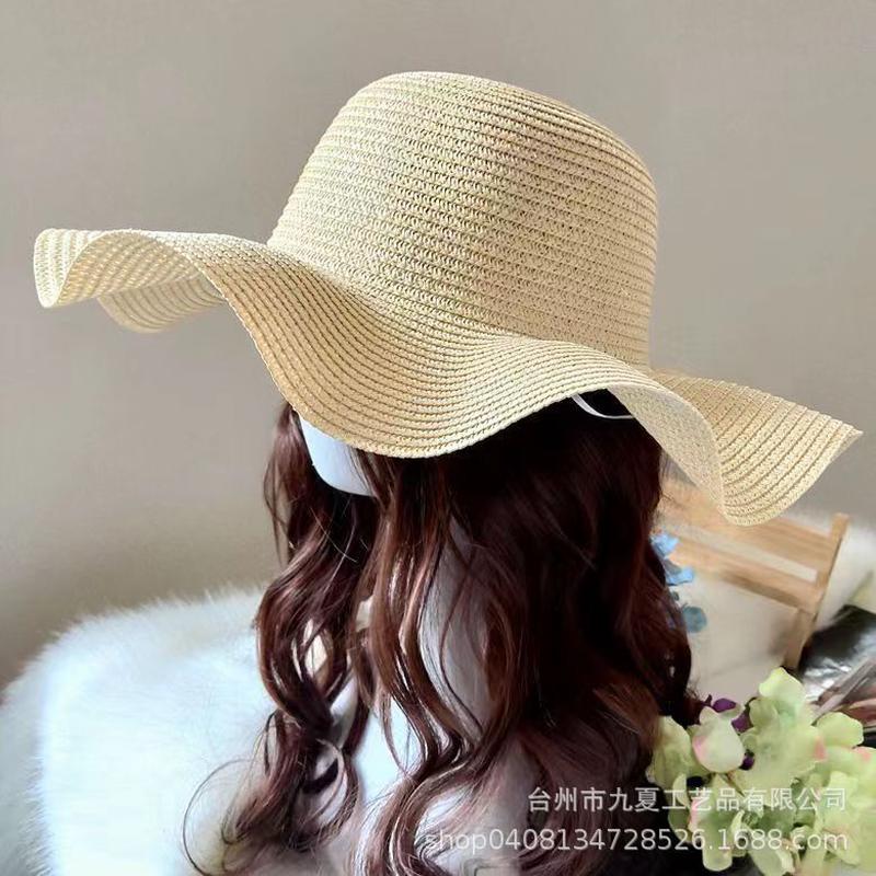 韩版帽子夏天波浪边DIY草帽沙滩出游度假防晒遮阳帽光板帽胚批发