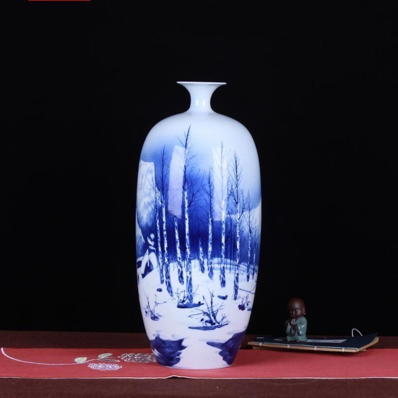 艺术手绘雪景山水人物图家居客厅工艺品花瓶景德镇陶瓷收藏摆件