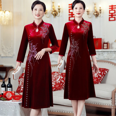 现货结婚妈妈旗袍礼服中老年大码春秋金丝绒连衣裙喜婆婆婚宴气质