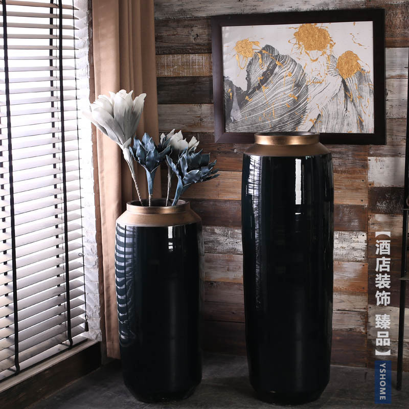 现代简约景德镇陶瓷花瓶摆件客厅插花酒店落地陶罐欧式装饰品蓝色