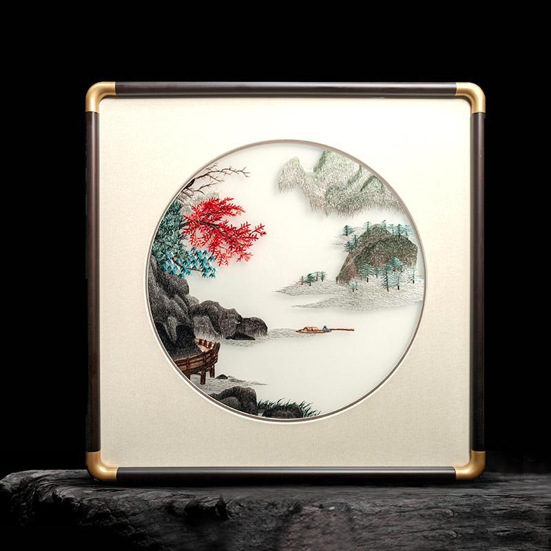 高端苏绣挂画新中式客厅玄关壁画成品山水花鸟精品手工刺绣装饰画