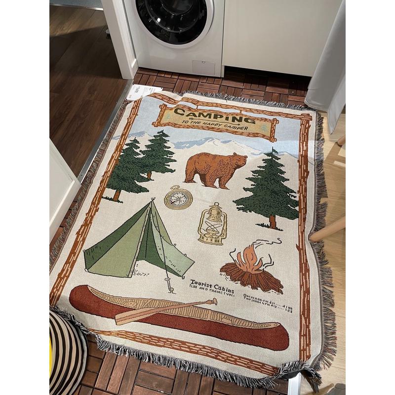 露营线毯 美式复古 插画 沙发毯装饰  露营 红木筏  户外 camping