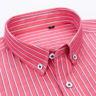 春秋新款免烫抗皱红色牛津纺条纹衬衫男士内搭外传休闲竖条子衬衣
