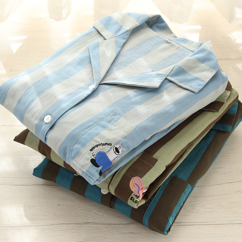 『眠岛』春秋情侣睡衣条纹刺绣日系纯棉长袖柔软亲肤纱布套装,女士内衣/男士内衣/家居服,睡衣/家居服套装,淘宝优惠券,粉丝福利购,淘宝优惠卷