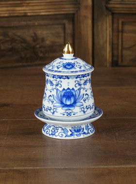 青花瓷供水杯供佛杯佛前供杯家用贡杯财神道家陶瓷莲花观音杯