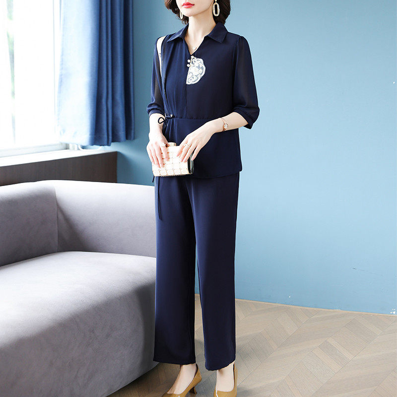 好货新中式妈妈夏装真丝套装气质短袖贵夫人衬衫两件套中老年女t