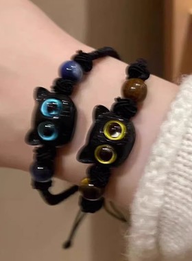 甜酷小喵ins小众设计黑色檀木小猫咪编织手链情侣送闺蜜礼物怪兽