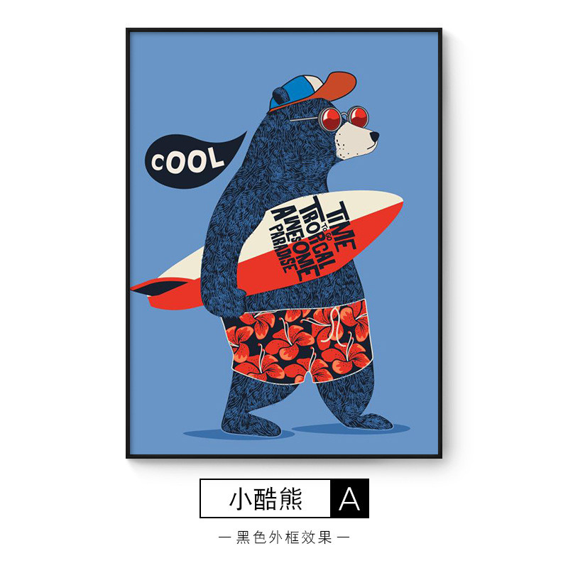 现代轻奢客厅沙发装饰画儿童房床头熊插画蓝色背景墙壁画竖版挂画