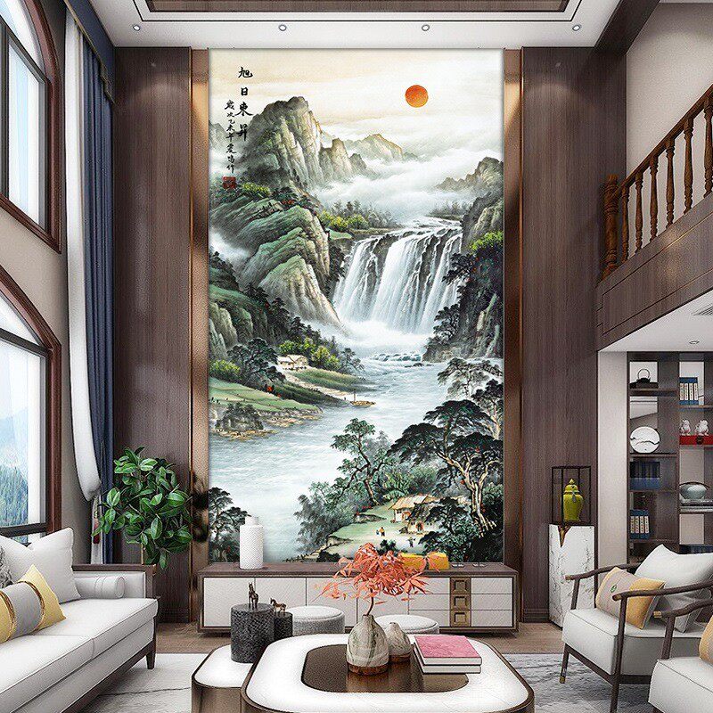 中式入户玄关背景墙壁纸鸿运当头走廊过道墙布山水茶厅会议室墙纸
