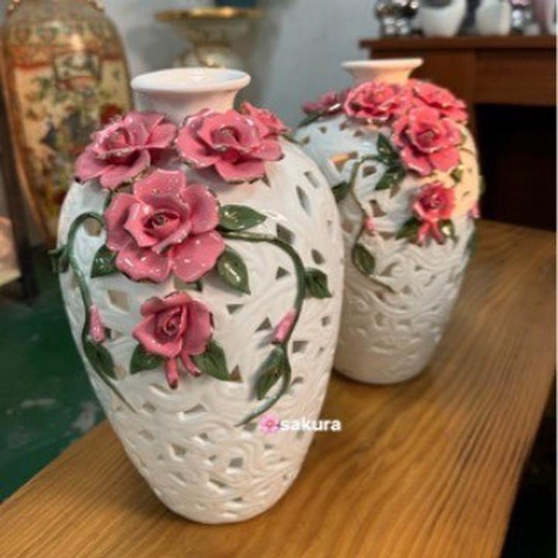 手绘重工陶瓷器镂空捏欧式浮雕喷彩高档花花瓶工艺品摆设件礼品瓷