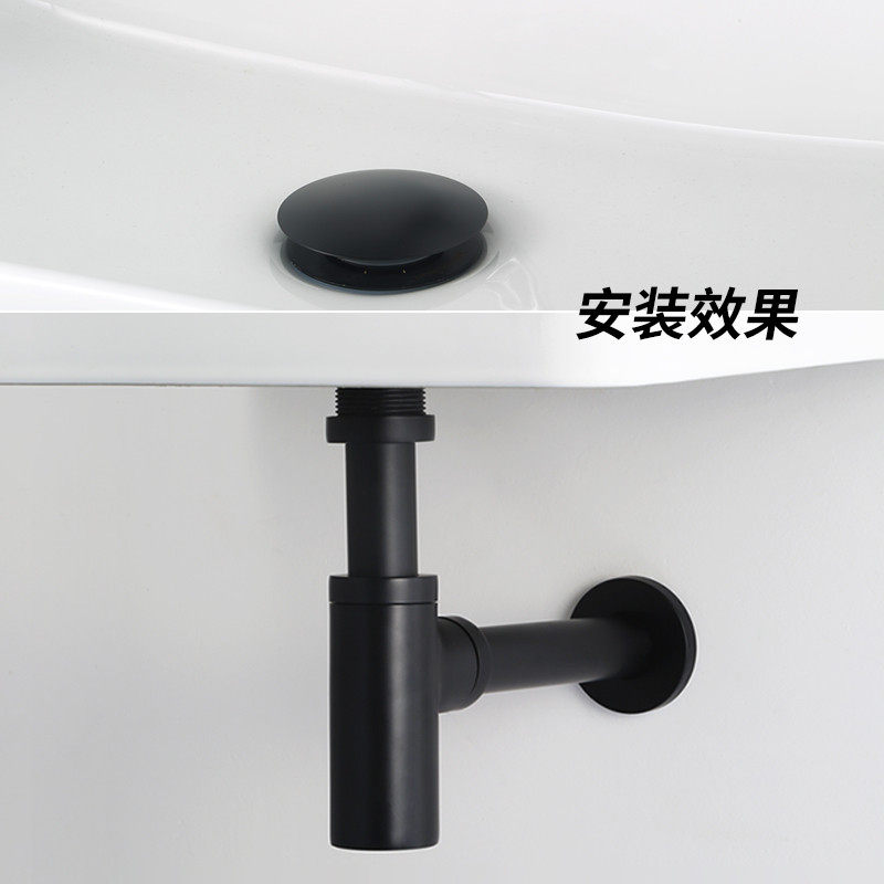 洗手盆下水管入墙式洗脸池配件黑色下水器套装全铜防臭波纹排水管