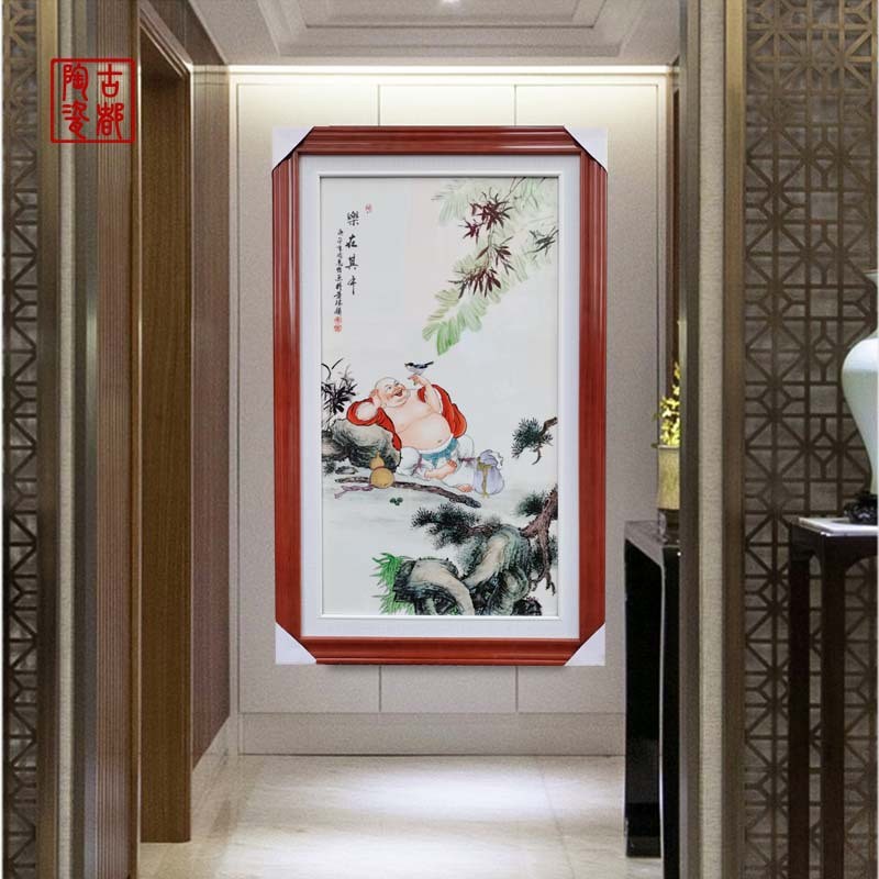手绘粉彩烧制瓷器装饰瓷板画挂件新中式客厅玄关