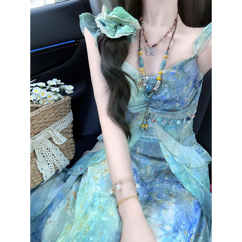 高货速发法式小飞袖碎花吊带连衣裙子女夏季小个子高级感气质绝美