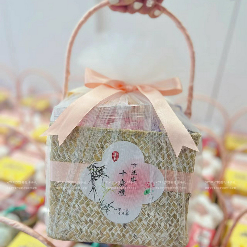 中式婚礼伴手礼喜糖盒可定 制方形收纳竹篮创意编织手提礼物篮批