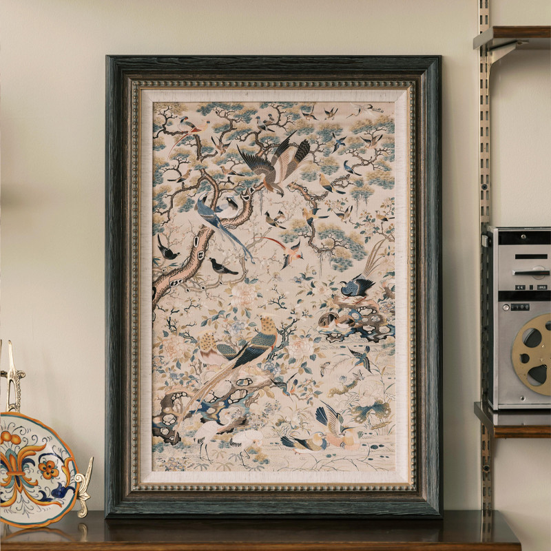 画玩美法式中国风复古客厅装饰画中古壁画新中式花鸟刺绣餐厅挂画图片
