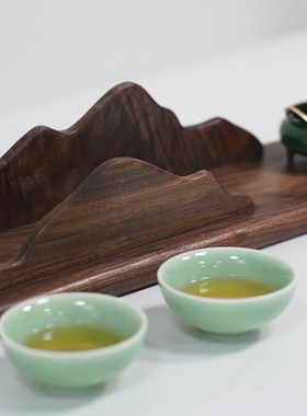 新中式黑胡桃木摆件茶室茶托实木山壁挂置物架茶具千里江山摆设
