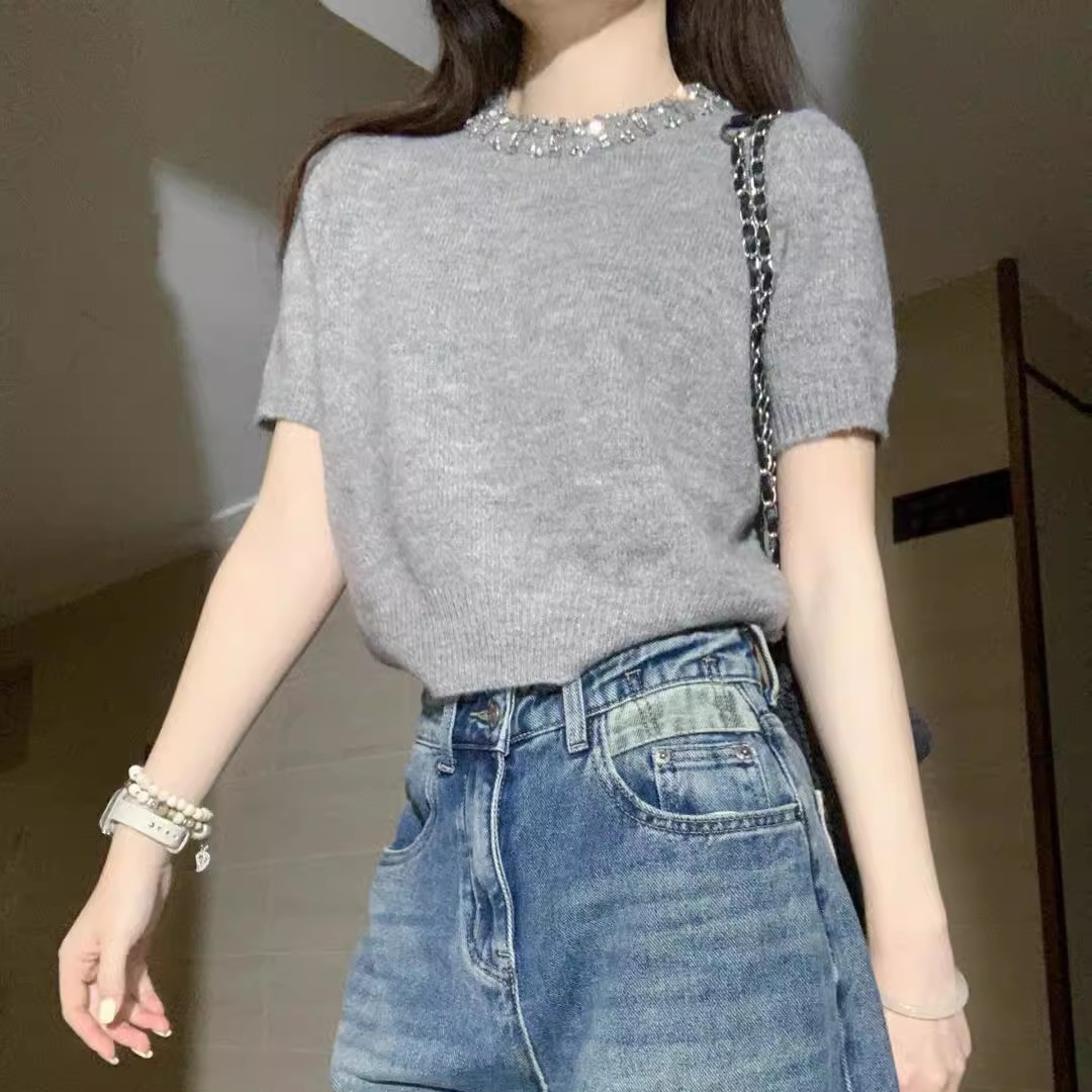 高货速发夏款miu系带钻毛衣短袖t恤女春夏季宽松马海毛针织衫百搭