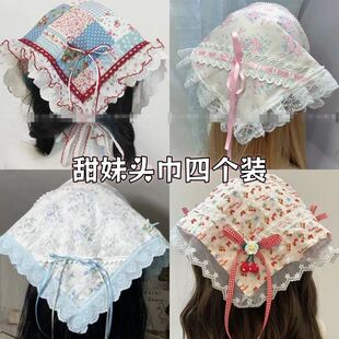 重工蕾丝头巾三角巾女夏季法式甜美包头巾海边高颜值头饰