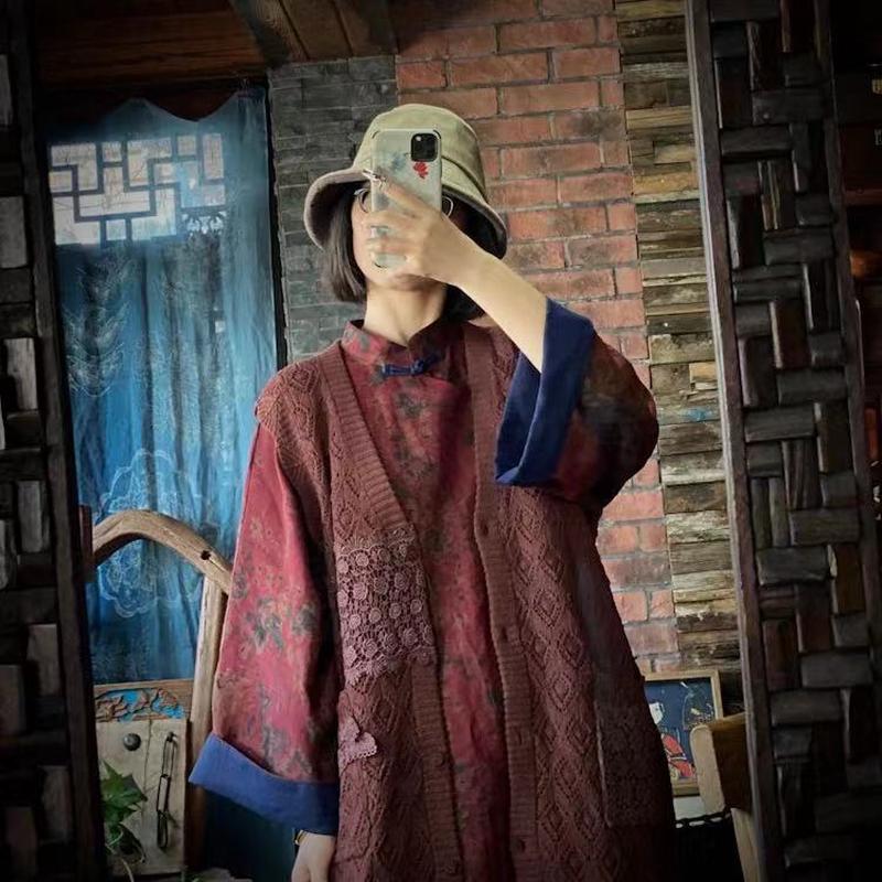 落古泥复古仿香云纱印花亚麻盘扣中式长袍裙衣1892花骨