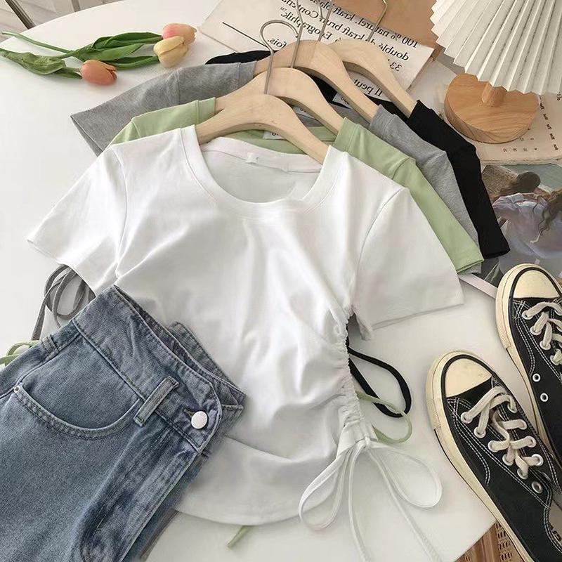 新品双侧边系带褶皱感短袖T恤女2025夏季新款修身韩版小个子短款