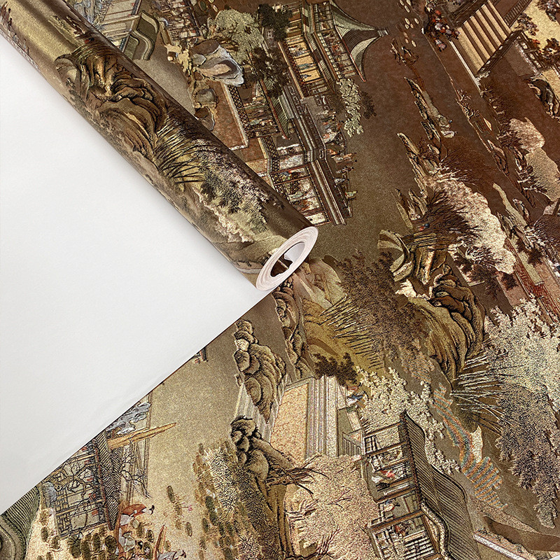 清明上河图金箔3d背景墙饭店书房茶室客厅餐厅中式古典壁纸墙纸