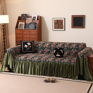 美式复古碎花仿轻奢高级感沙发盖布沙发巾棉麻全包万能沙发套罩垫