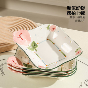 小清新陶瓷方盘大号8英寸高颜值浮雕深盘子 盘子菜盘家用2025新款