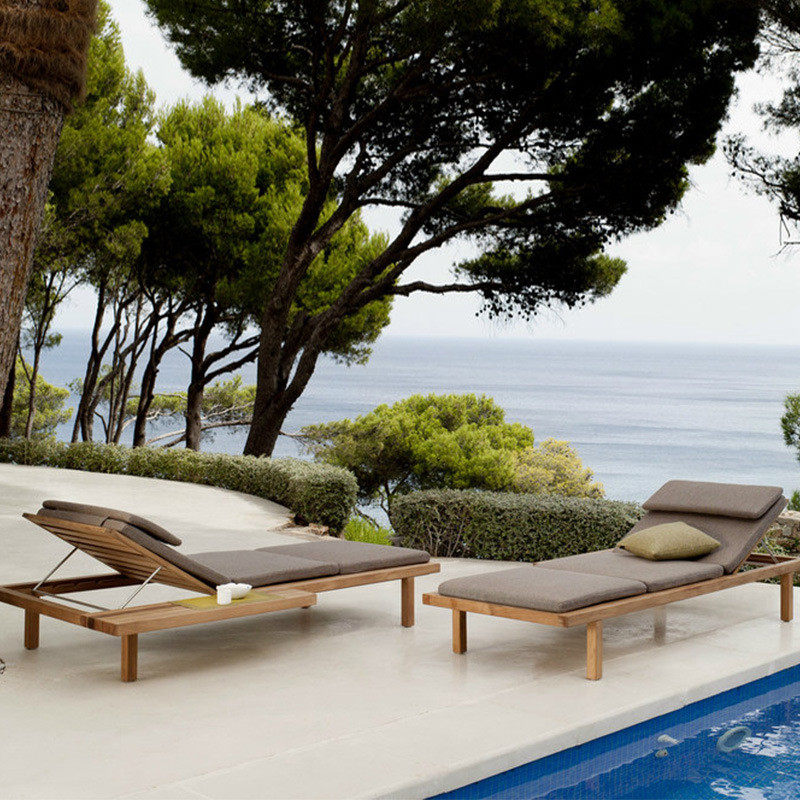 柚木实木躺床露天别墅游泳池躺椅阳台室外躺床沙滩户外折叠躺床