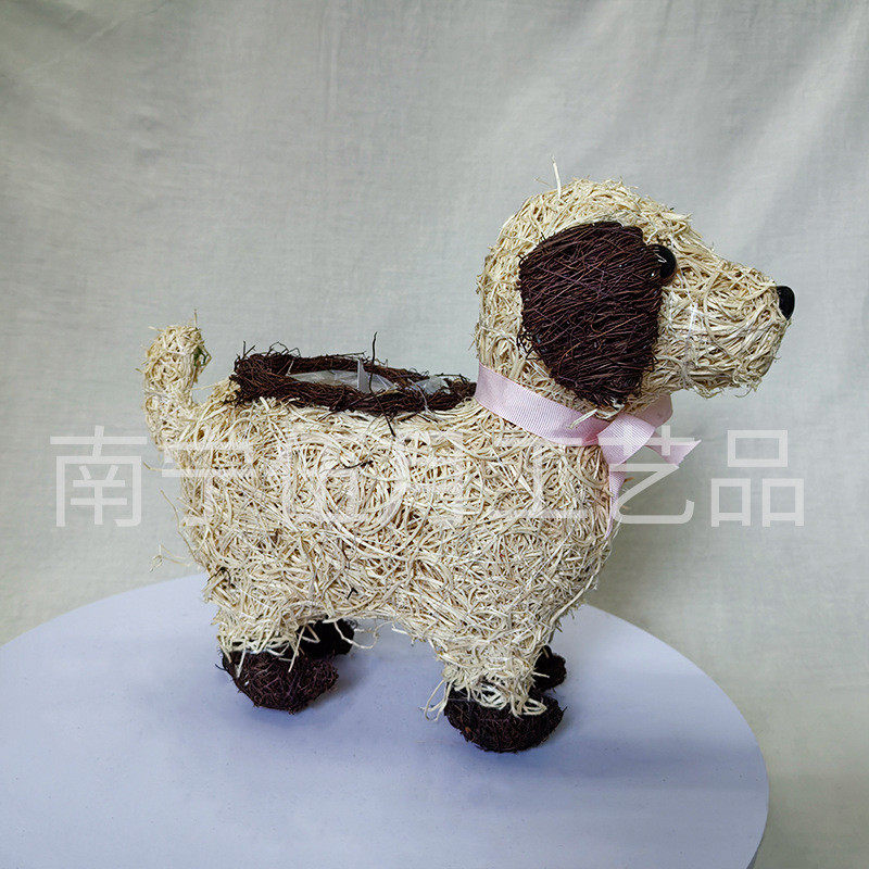 手工藤编动物花篮小狗摆件装饰绿植种植花篮儿童批发厂家仿真花