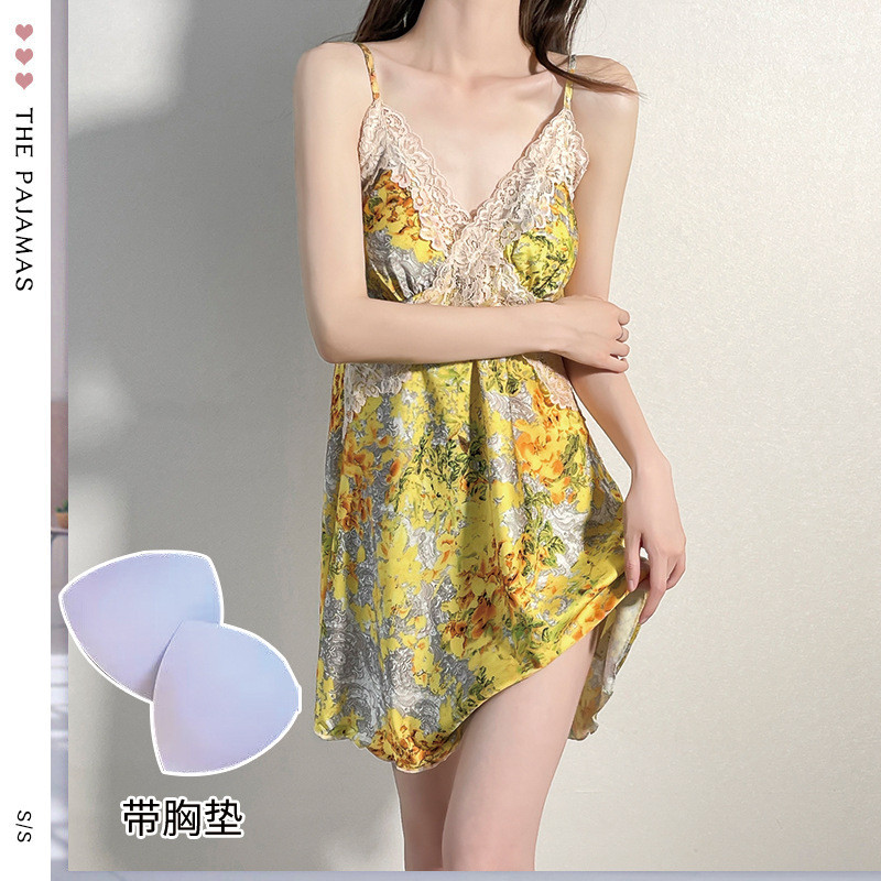 黄色战袍性感冰丝睡衣女夏带胸垫高级感家居服性感女士睡裙批发