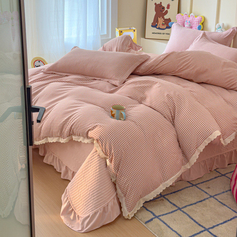A类针织棉双层纱夹棉床盖四件套春夏简约格子水洗棉花边被套床盖4,床上用品,床品套件/四件套/多件套,淘宝优惠券,粉丝福利购,淘宝优惠卷