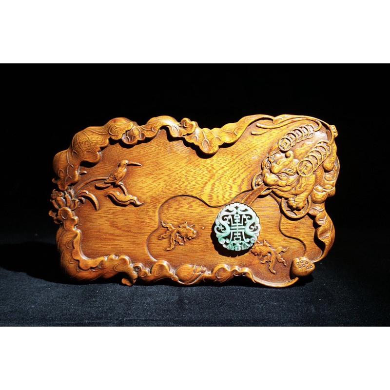 做仿古旧花梨木雕刻刘海戏金蟾砚台摆件仿古做旧实木托盘摆件收藏