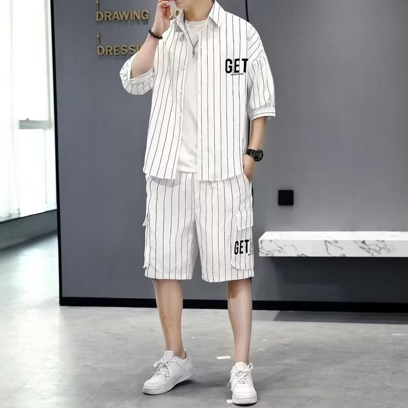 夏季条纹衬衫男士五分短袖痞帅外套男装一套搭配帅气短裤休闲套装