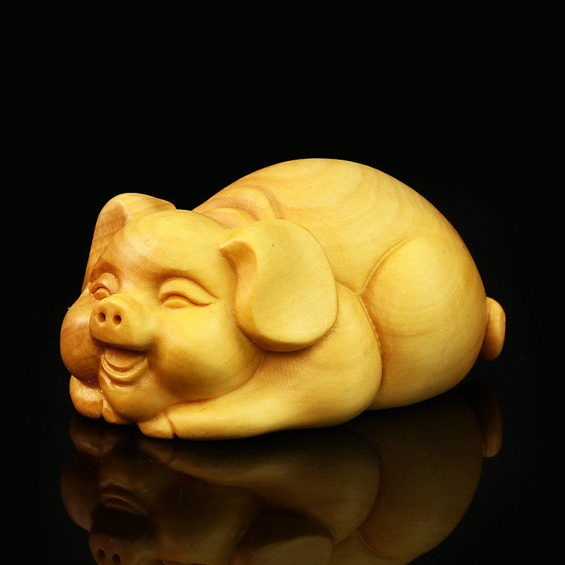 黄杨木雕动物小猪摆件雕刻手把件工艺礼品家居饰品木刻茶宠福气猪