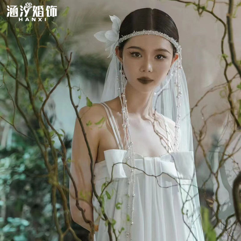 涵汐新款森系仙美珍珠流苏发箍花朵头纱套装影楼新娘主配饰品