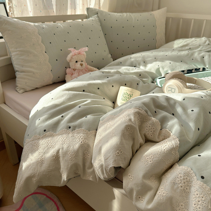 2025新款A类法式小清新双层纱水洗棉床上四件套1.8被套宿舍三件套