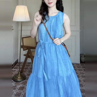 2025新款 新品 背心吊带连衣裙子女夏季 法式 高级感海边度假 蓝色无袖